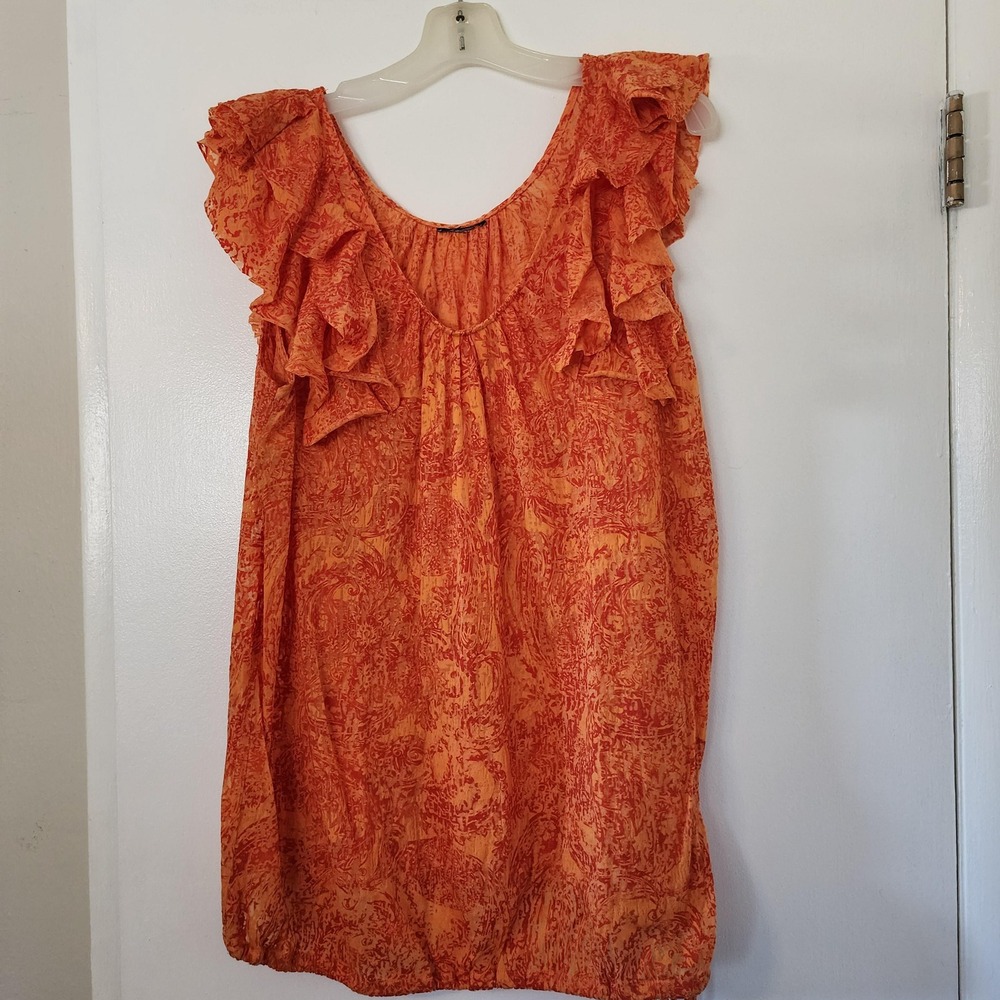 Vintage Y2K Orange Paisley Ruffle Sleeve Bubble‎ Hem Tank Top Womens XL